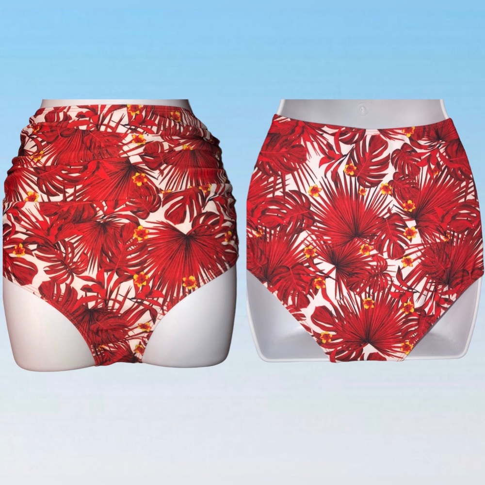 Edel Qual Red Floral Leaves Ruched High Waist Tankini Bikini Bottoms Only SIZE S